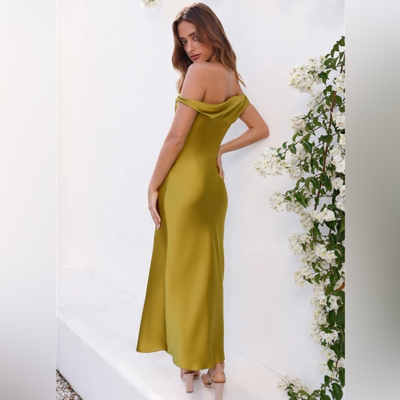 Hello Molly Off Shoulder Satin Midi Dress Olive - Picture 2 of 3